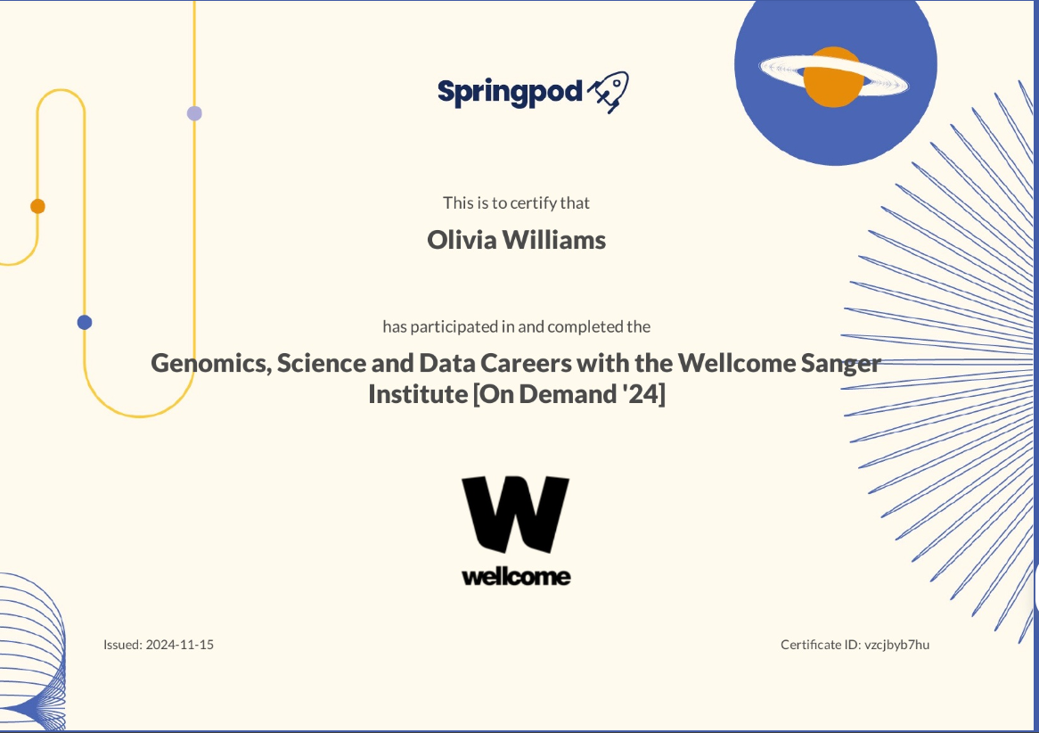 Certificate image completion for Genomics Career course by Wellcome Sanger Institute