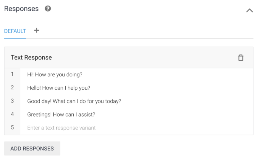 Responses section of Dialogflow