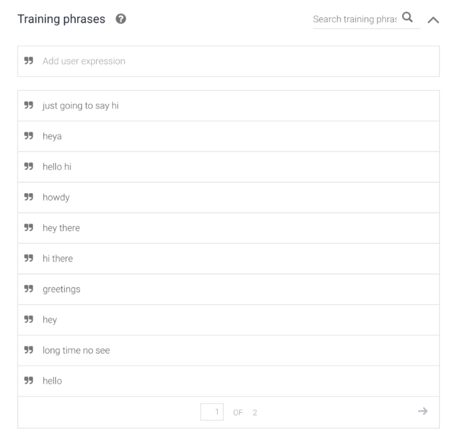 Training phrases for the welcome intent