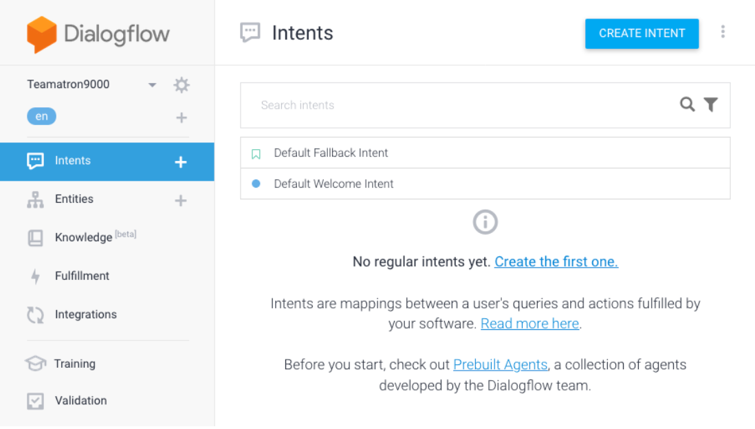 Dialogflow console after creating the agent