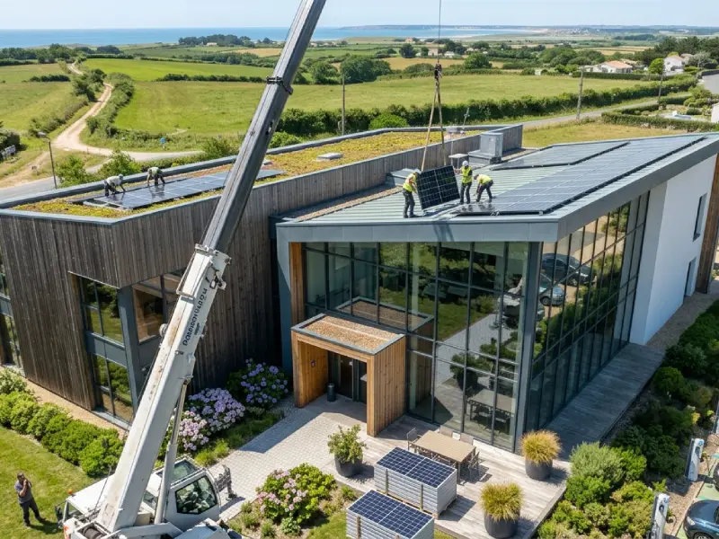 Panneaux photovoltaïques en toiture d'un bâtiment industriel