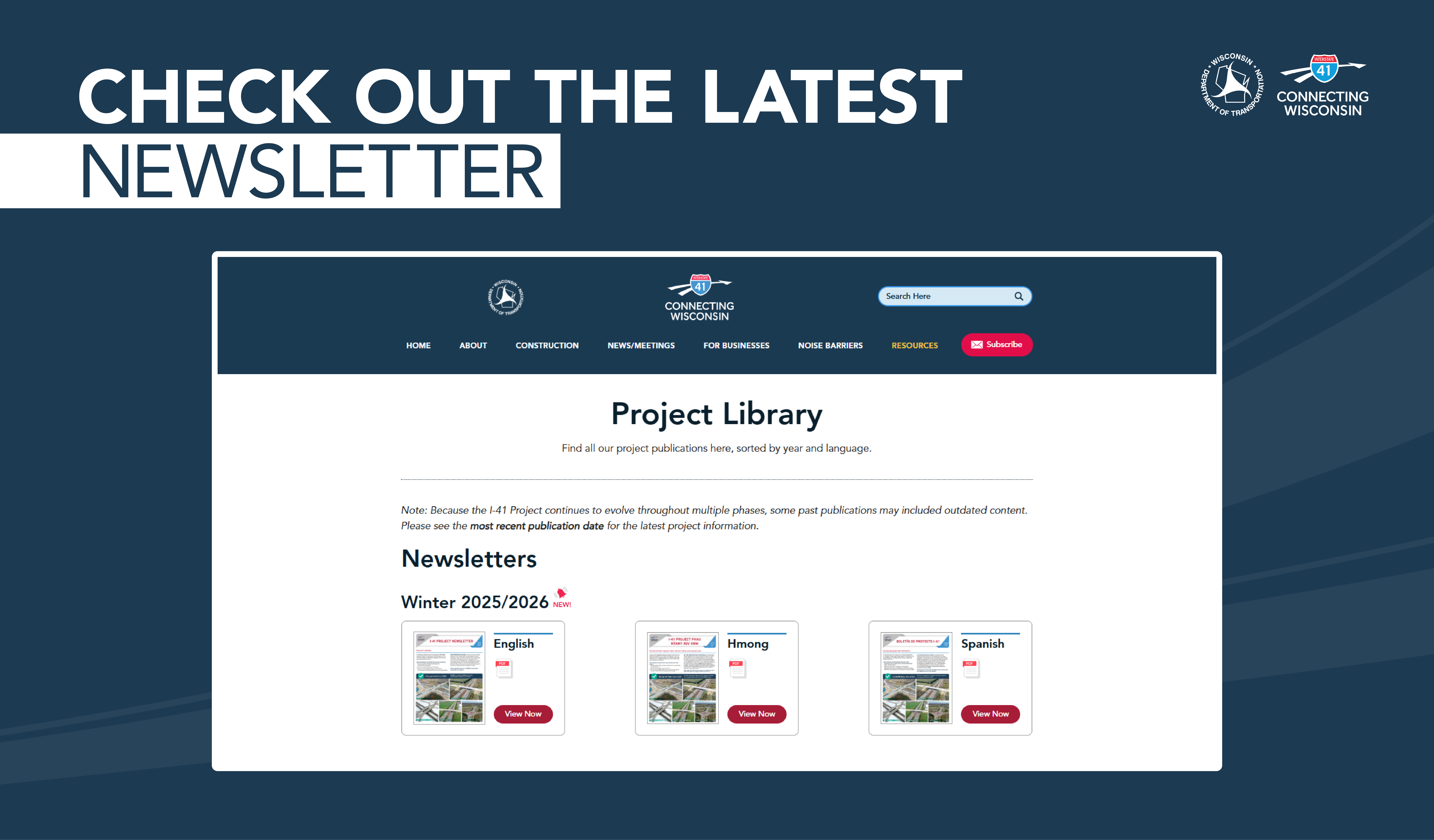 CHECK OUT THE LATEST NEWSLETTER: (includes image of the website's project library page displaying the Winter 2025/2026 Newsletter in English, Hmong and Spanish.