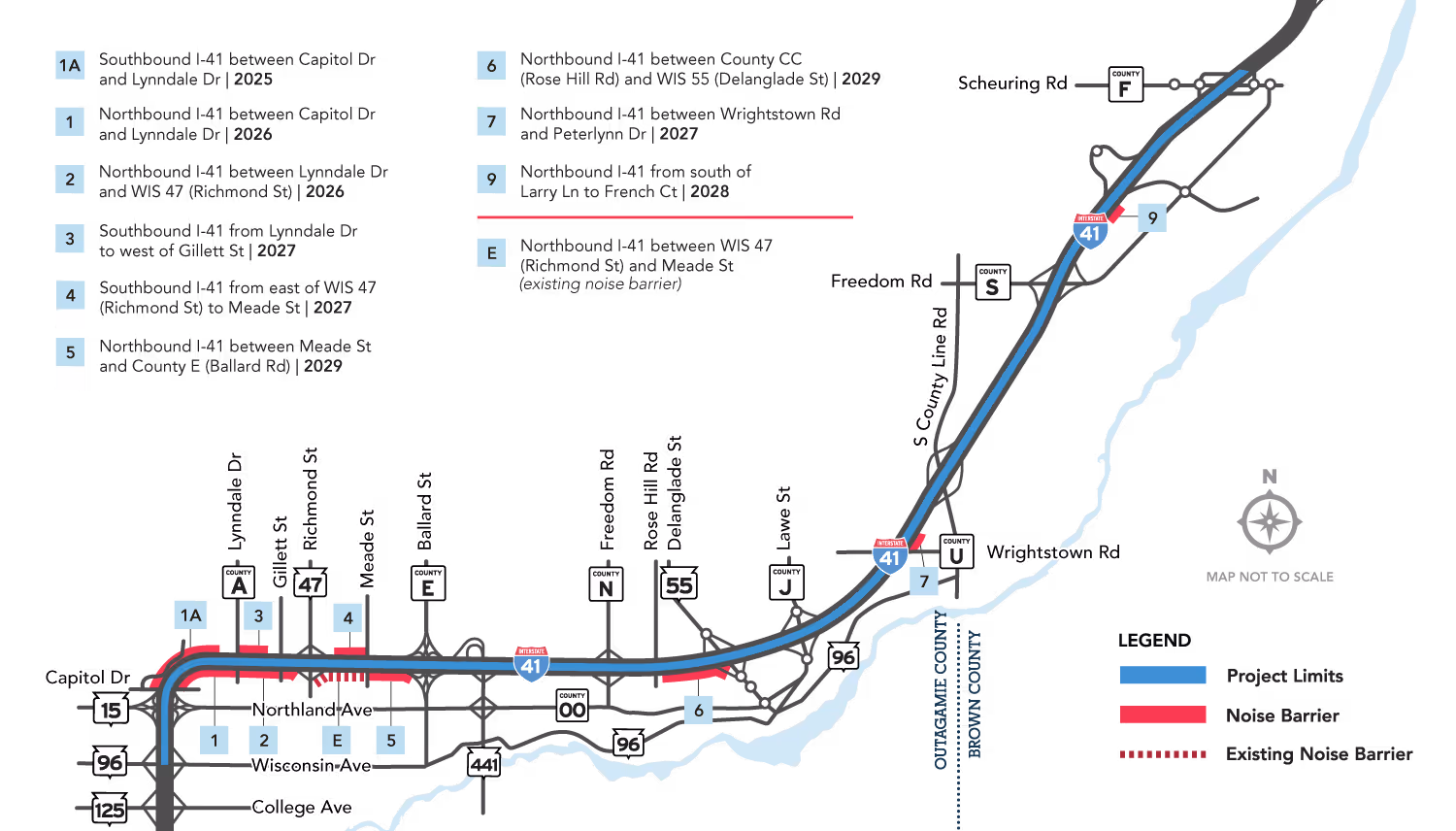 I-41 Corridor Noise Barrier Locations Map