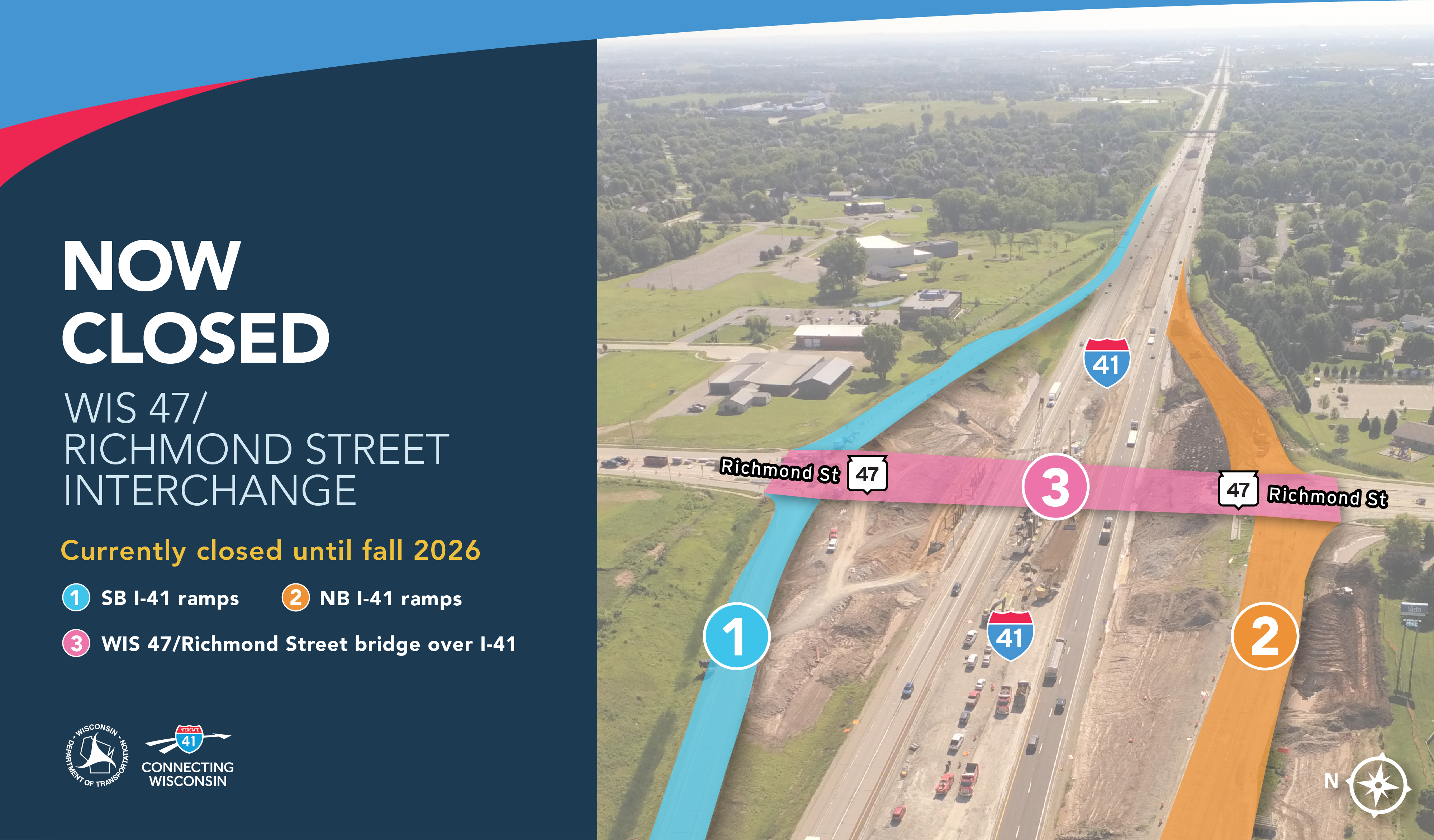 NOW CLOSED: WIS 47/Richmond Street Interchange. Currently closed until fall 2026. 