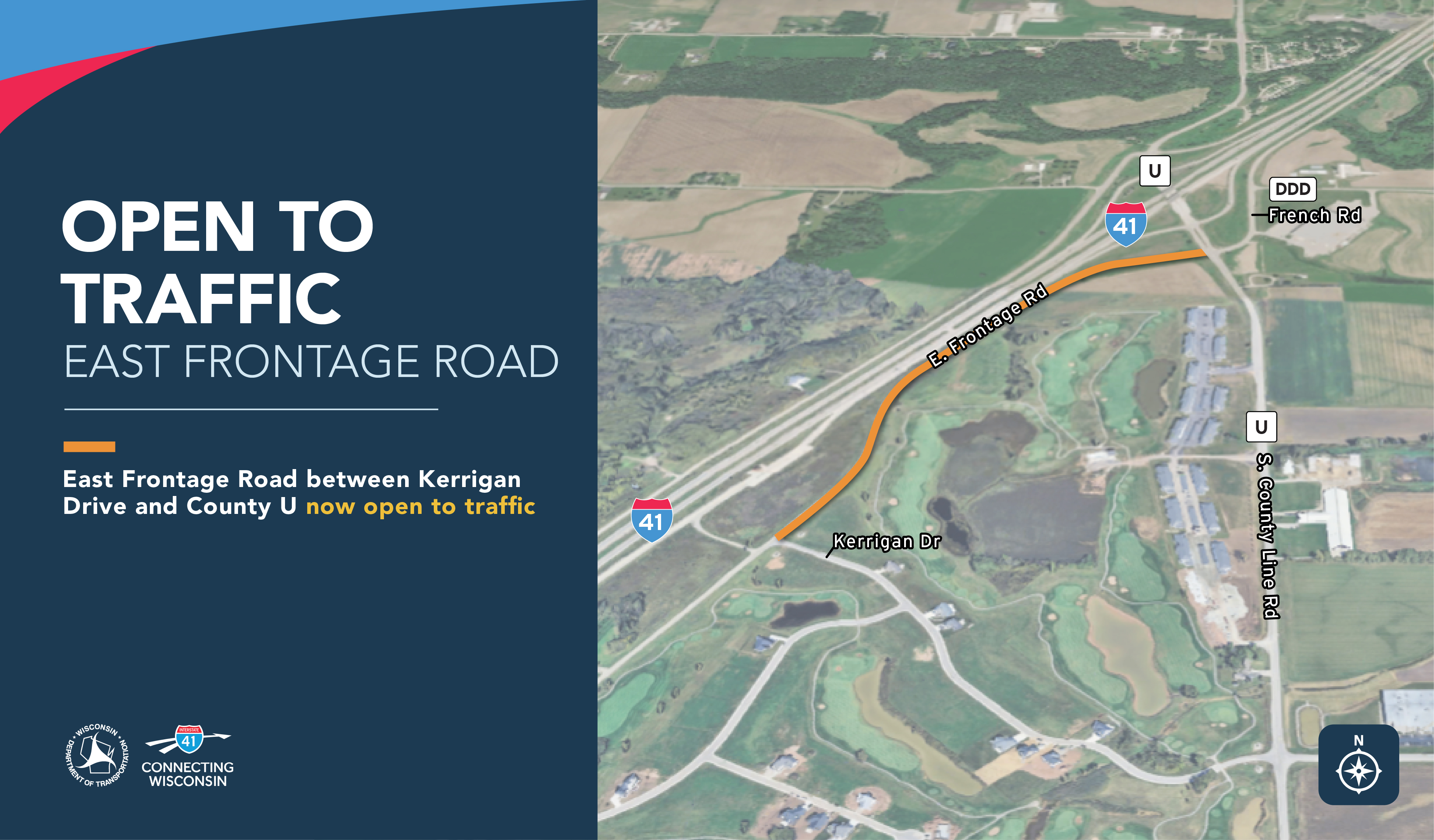 OPEN TO TRAFFIC: East Frontage Road
East Frontage Road between Kerrigan Drive and County U now open to traffic