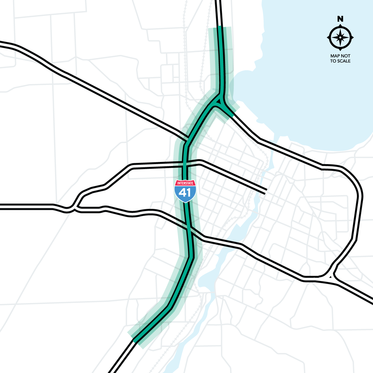 I-41 Mainline highlighted from Little Rapids Road to Harbor Lights Road in Brown County.