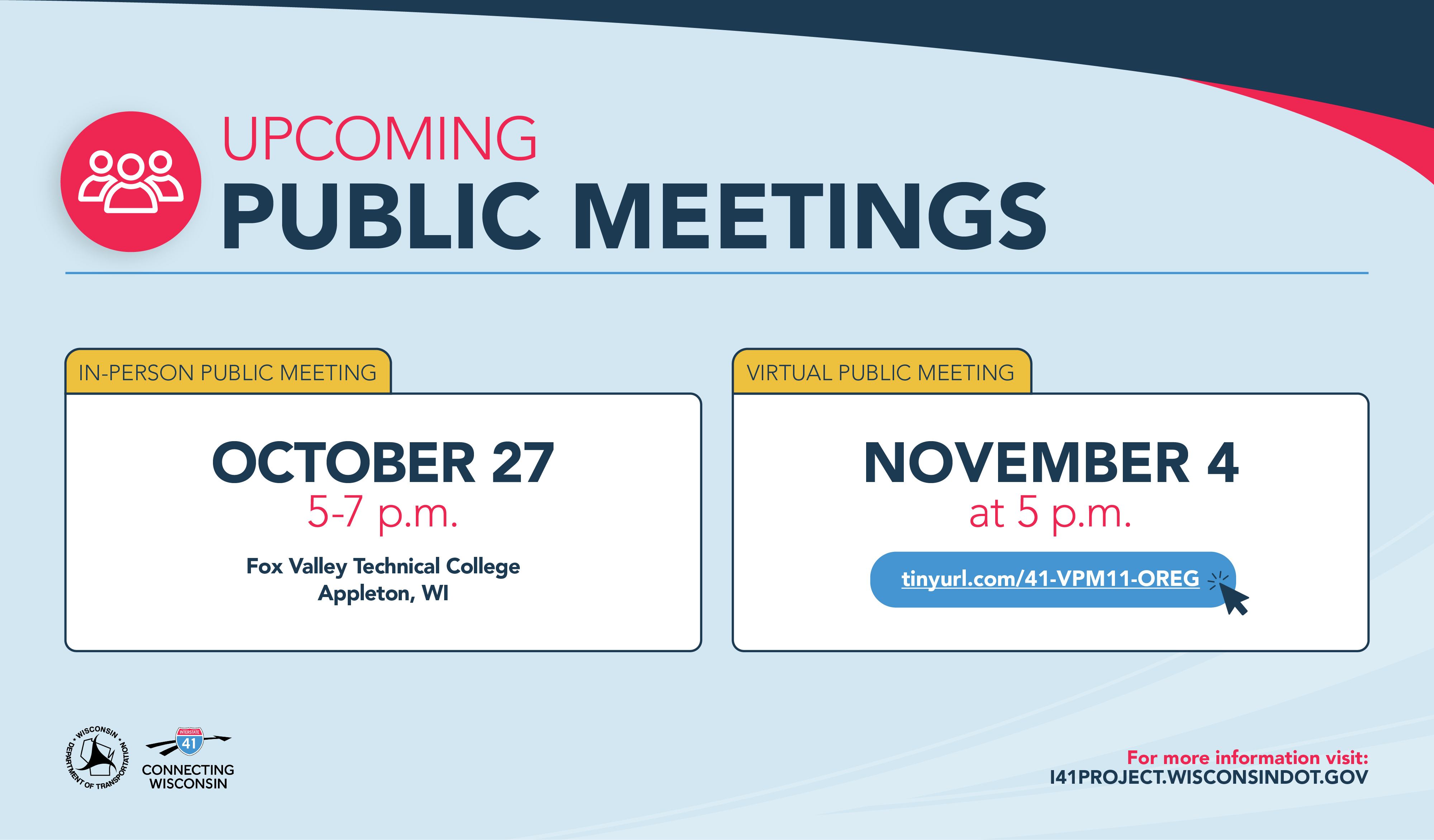 UPCOMING PUBLIC MEETINGS: October 27 from 5-7 PM at the Fox Valley DJ Borcini Center or November 4 virtually beginning at 5