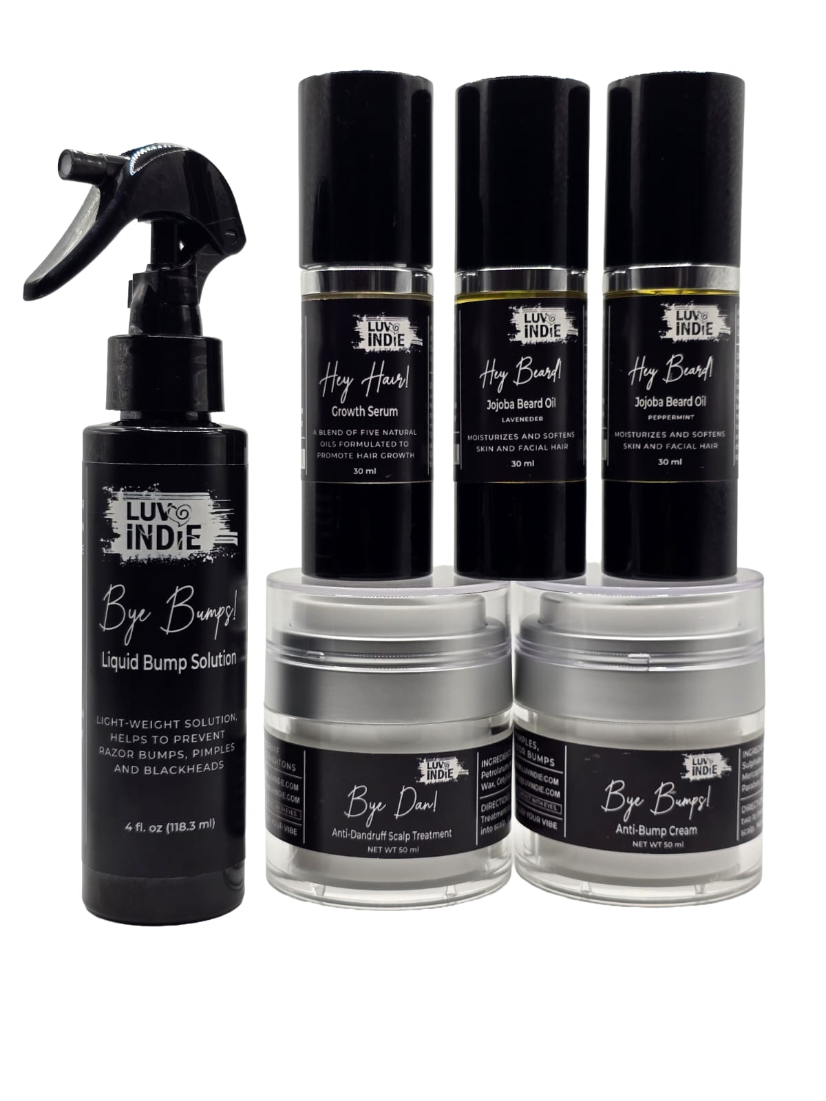 Get 23% off when you purchase the entire Luvindie Collection. Includes: Hey Hair! Growth Serum; Hey Beard! Jojoba Beard Oil - Peppermint; Hey Beard! Jojoba Beard Oil - Lavender; Bye Dan! Anti-Dandruff Scalp Treatment; Bye Bumps! Anti-Bump Cream; Bye Bumps! Liquid Bump Solution