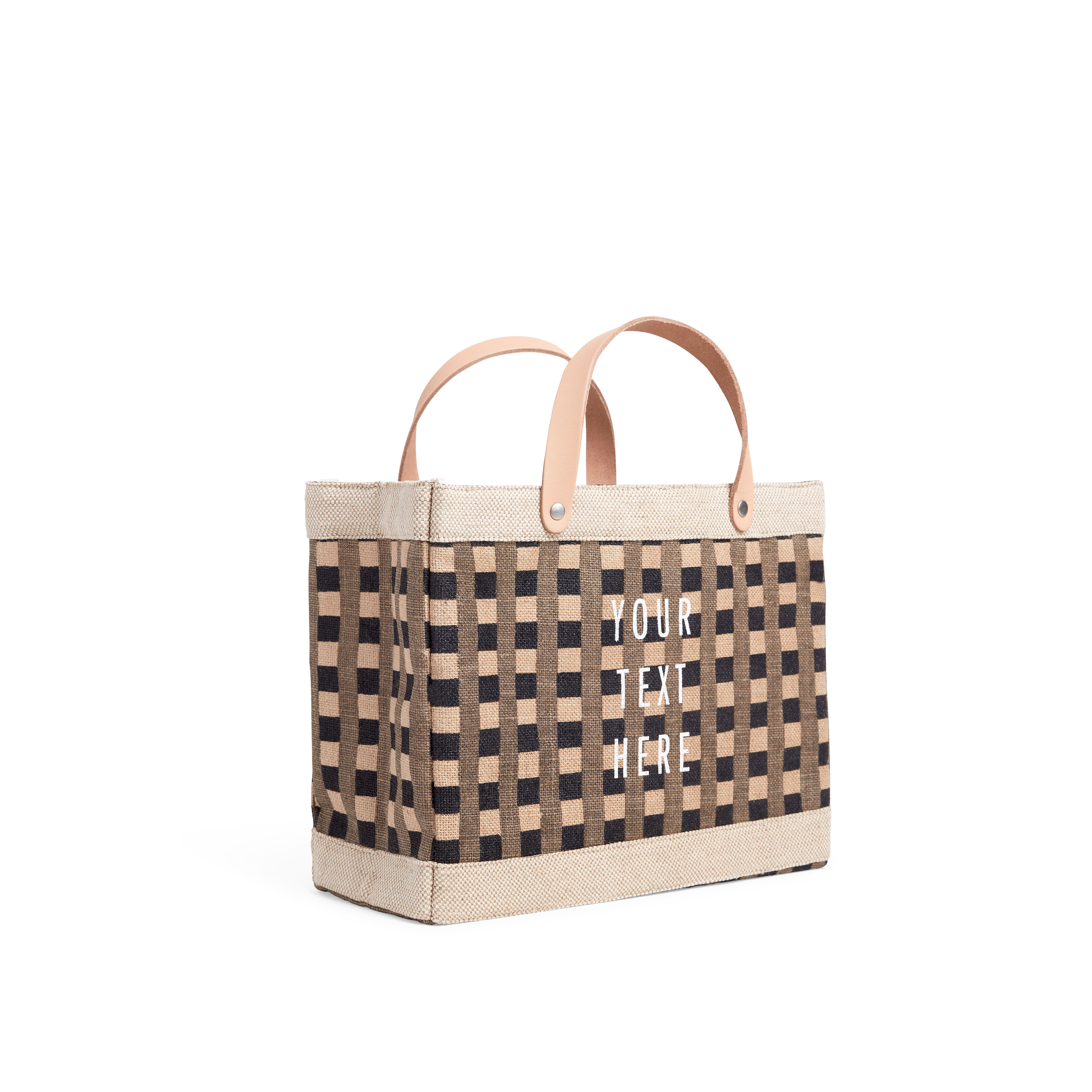 A customized market bag sitting on top of a table