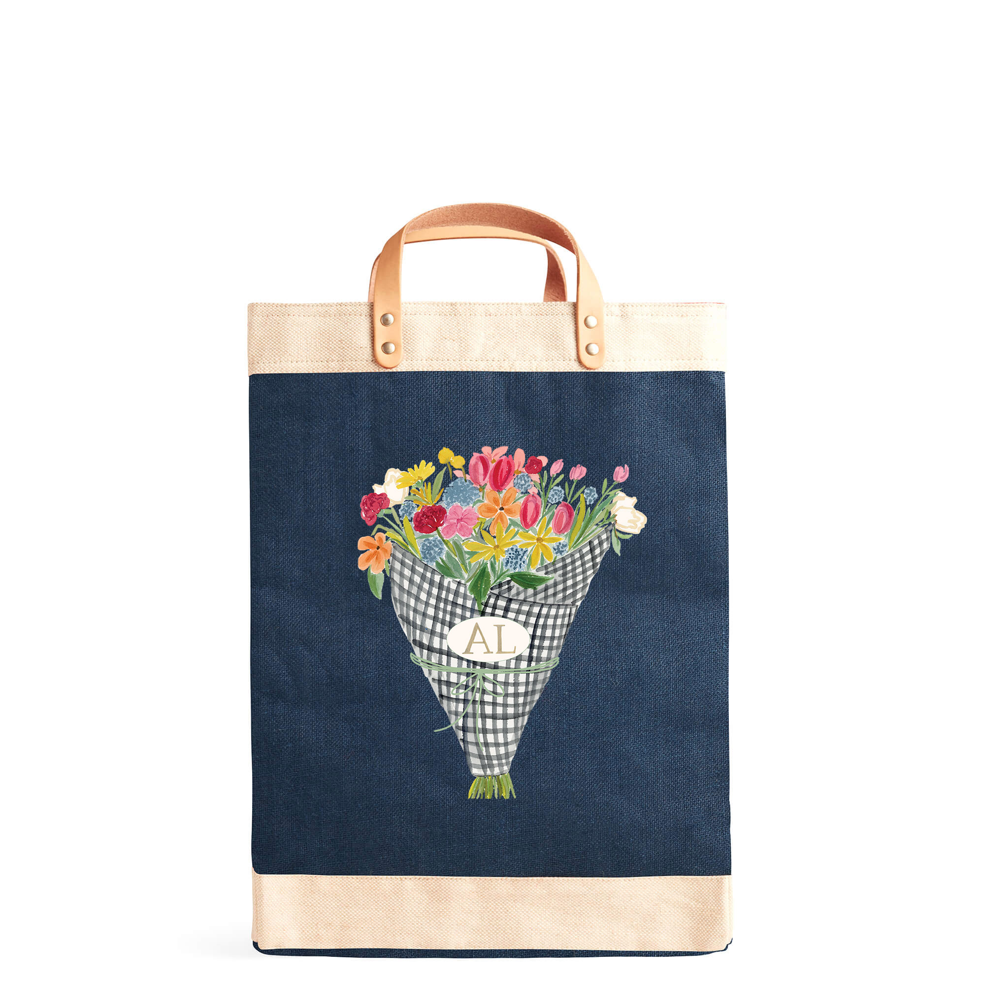 A customized market bag sitting on top of a table