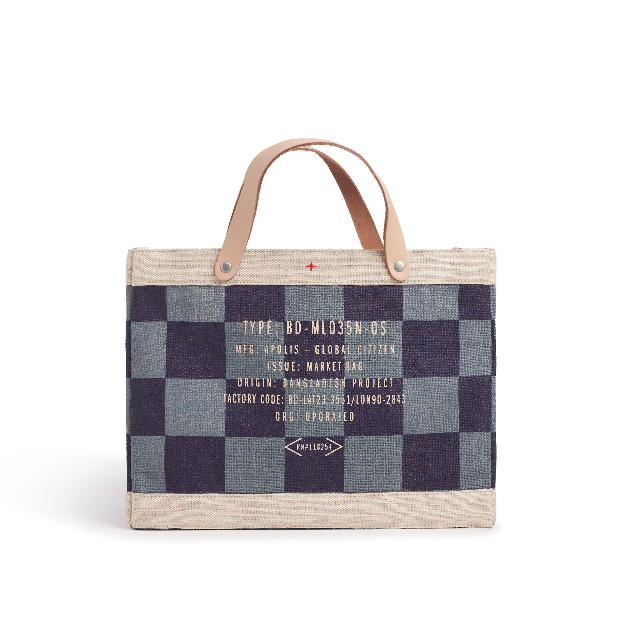 A customized market bag sitting on top of a table