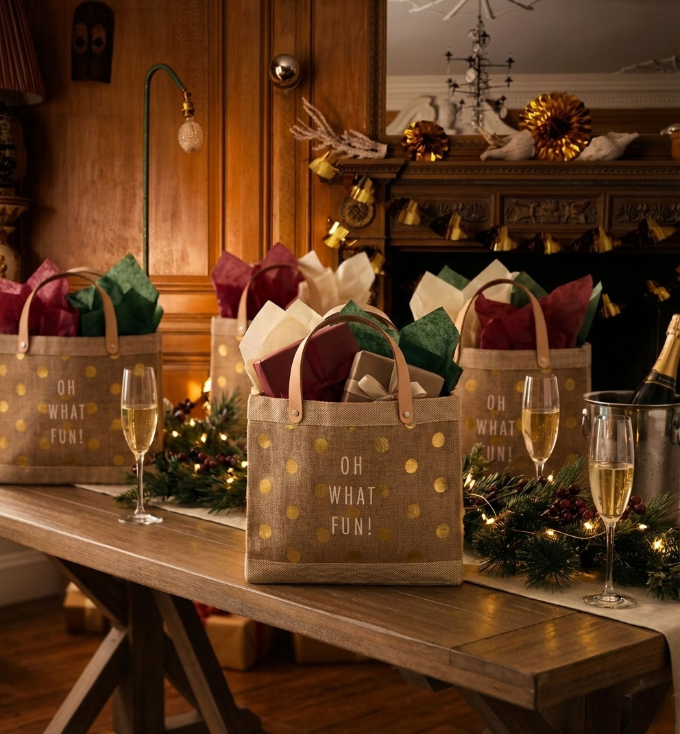 A woman handing a gift bag to an attendee at an event