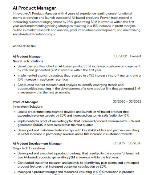 8 Product Owner Resume Examples - 643585708d6e973ae99c2f9f AI%20Product%20Manager Resume Sample P 500 