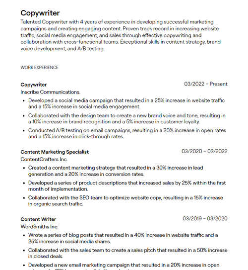 14 Writer Resume Examples with - 64358600df2a4f9d7550eacb Copywriter Resume Sample P 500 