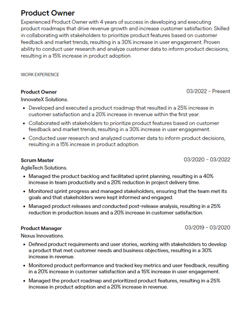 21 Product Manager Resume Examples - 64358972311c5c3be003bf50 Product%20Owner Resume Sample P 500 