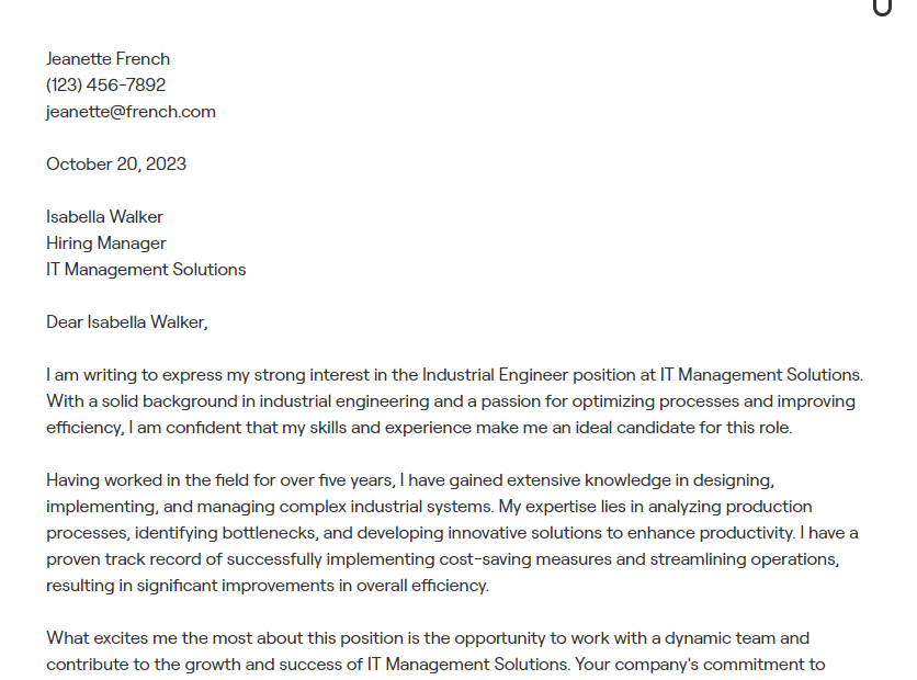 production engineer job cover letter