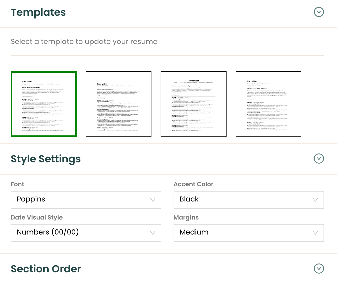 Teal's Resume Builder editor options