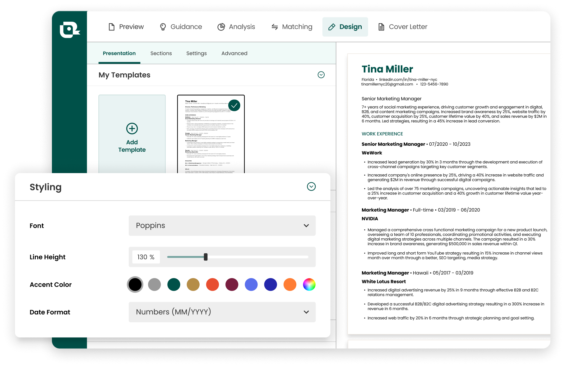 A screenshot of Teal's design settings