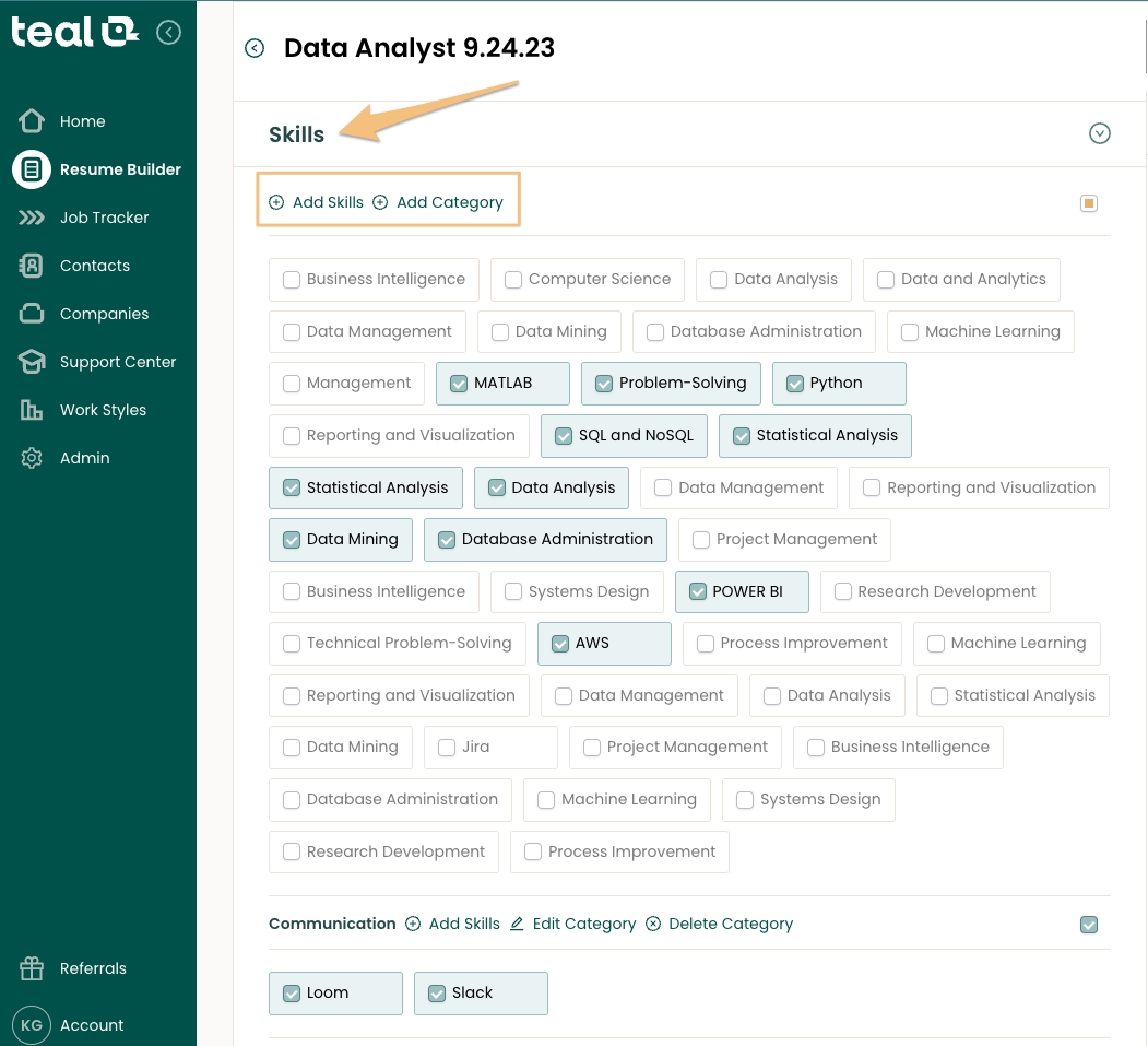 Teal's Skill Management feature lets you show or hide relevant skills, like ms office skills, for each 