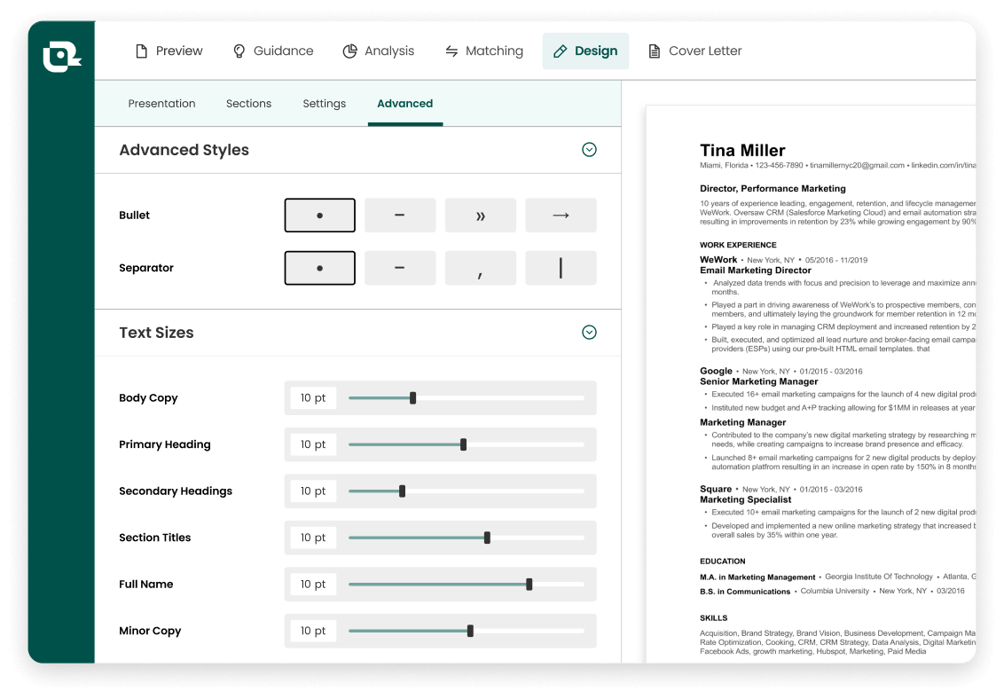 Teal Advanced Styling resume formatting options include custom bullet points and line spacing