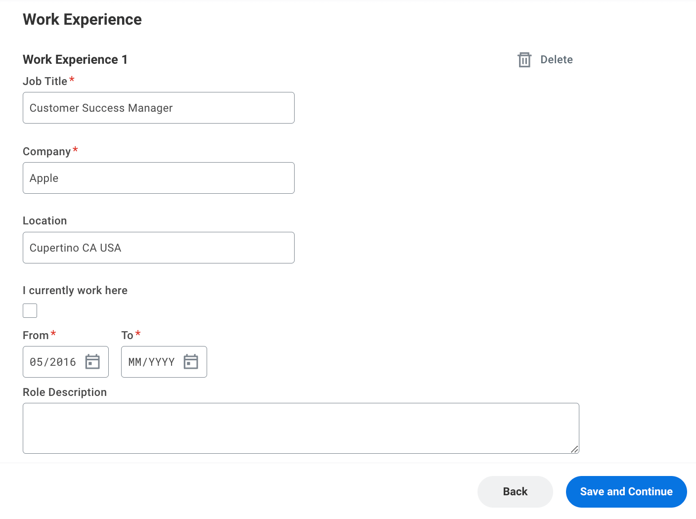 Workday Work Experience fields in a job application