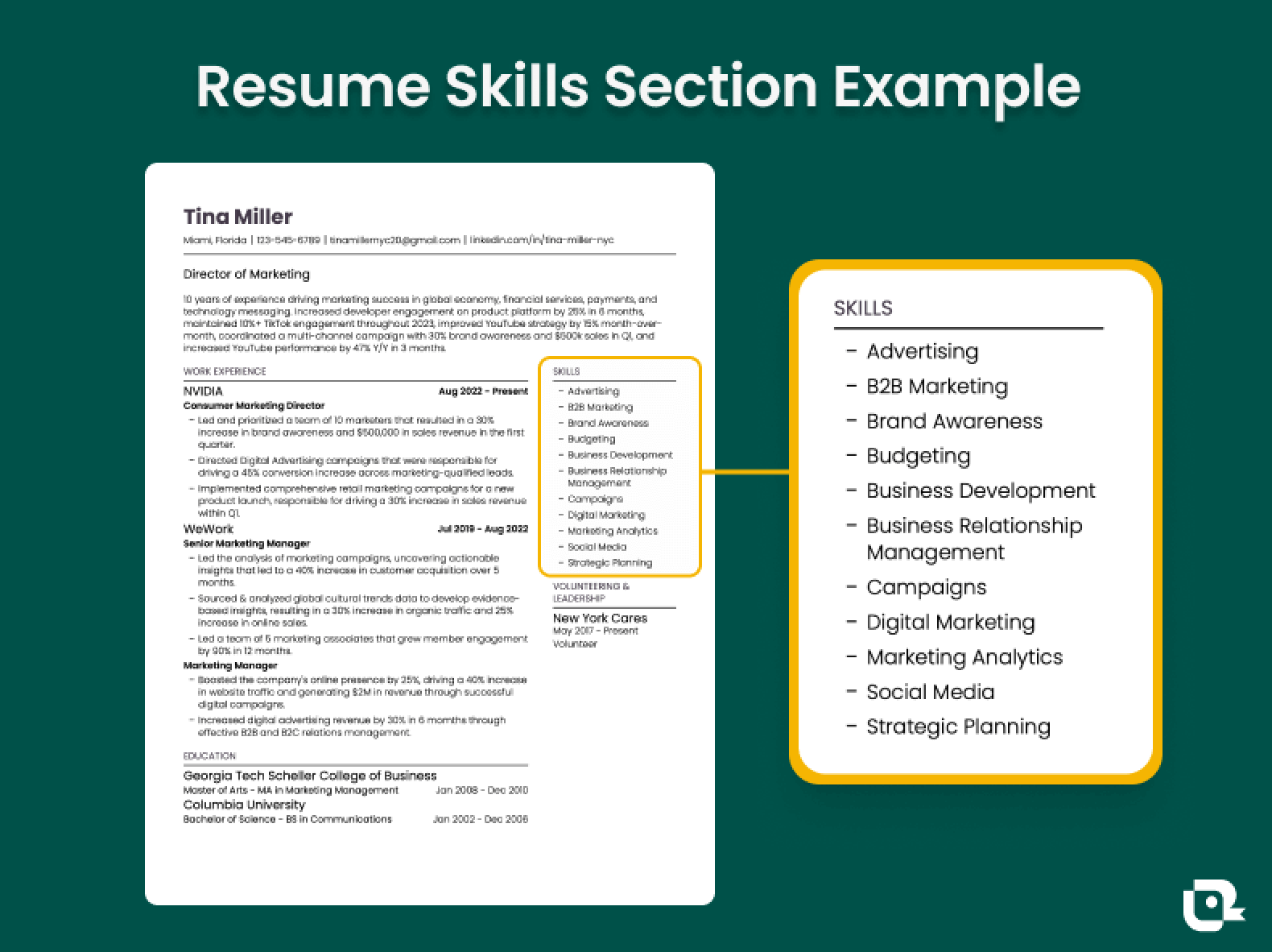 Example of a skills section on a resume as part of a resume critique checklist