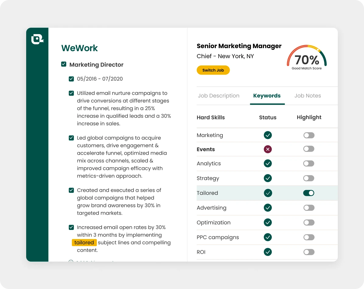 Teal Matching Mode shows you which skills, like microsoft office programs, are missing from your resume