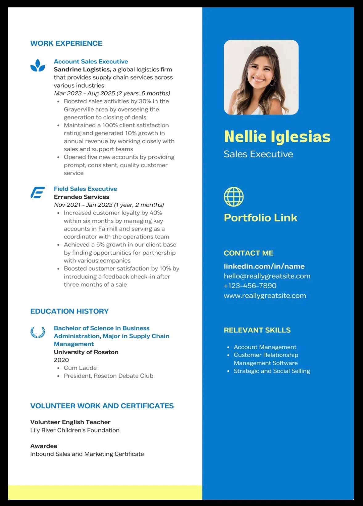 Canva Blue Bright Yellow Color Blocks Salesperson CV