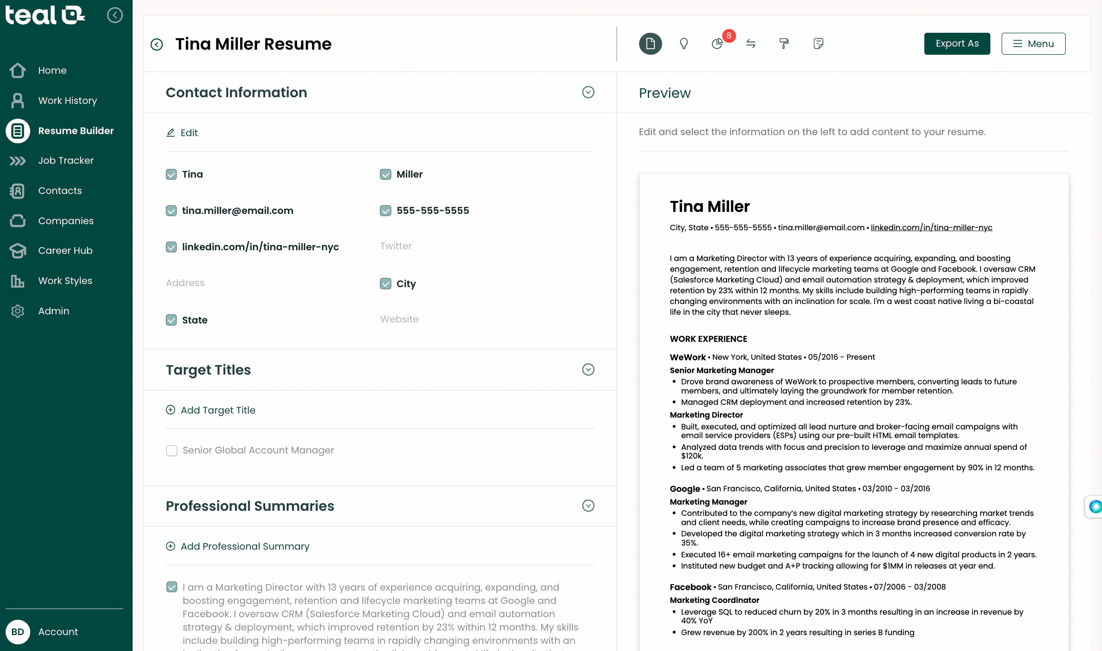 Use the AI functionality within Teal’s AI Resume Builder to tailor multiple versions of your cover letter.