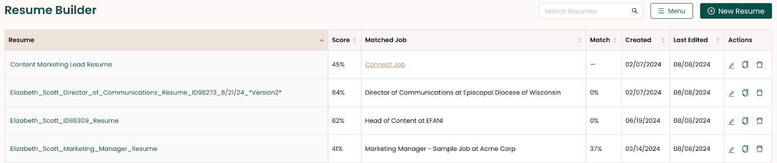 A screenshot of multiple resume file names in Teal