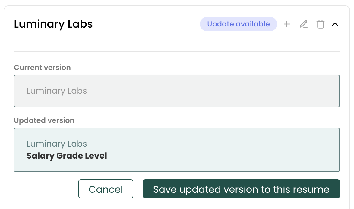 A screenshot of saving resume details across different versions in Teal