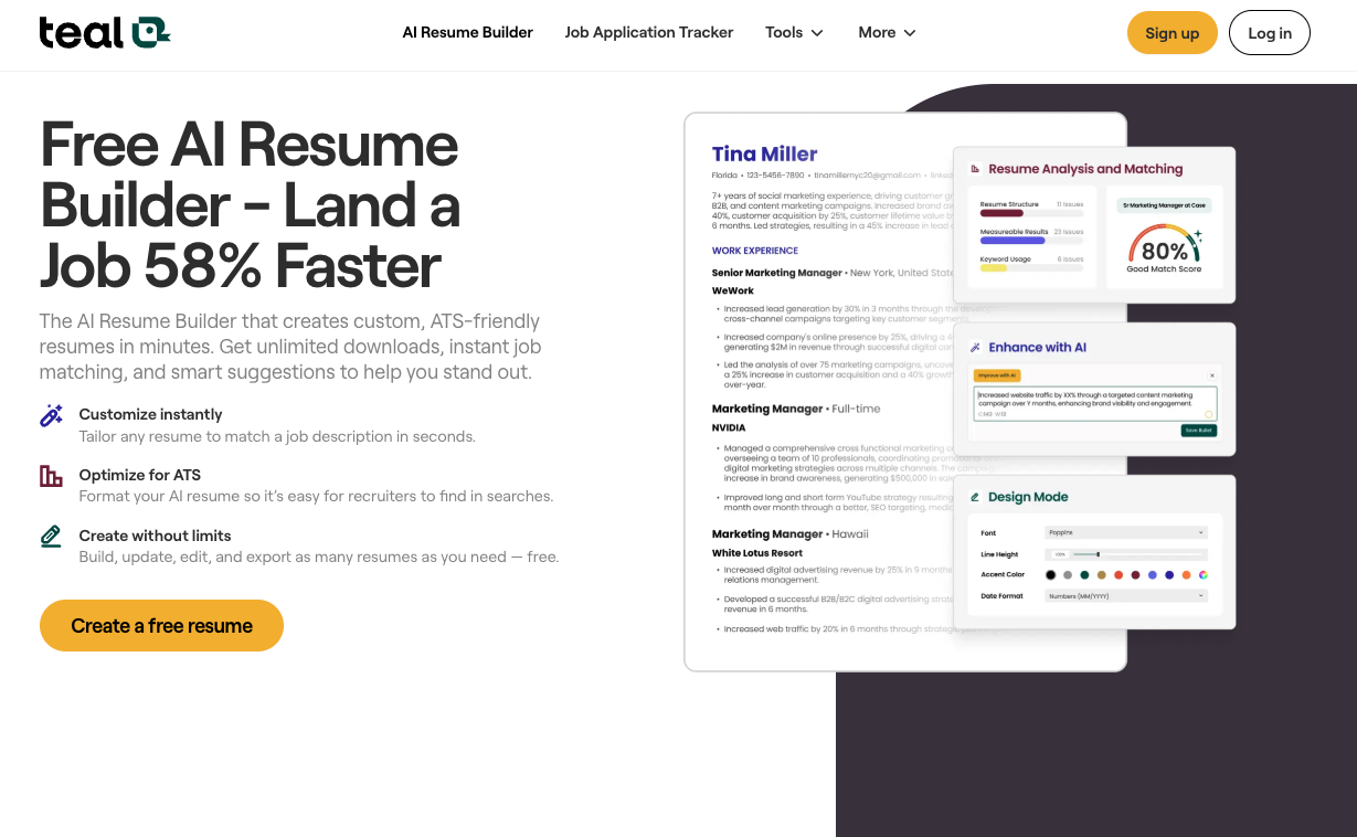 a screen grab of Teal's ai resume builder page that gets jobs 58% faster