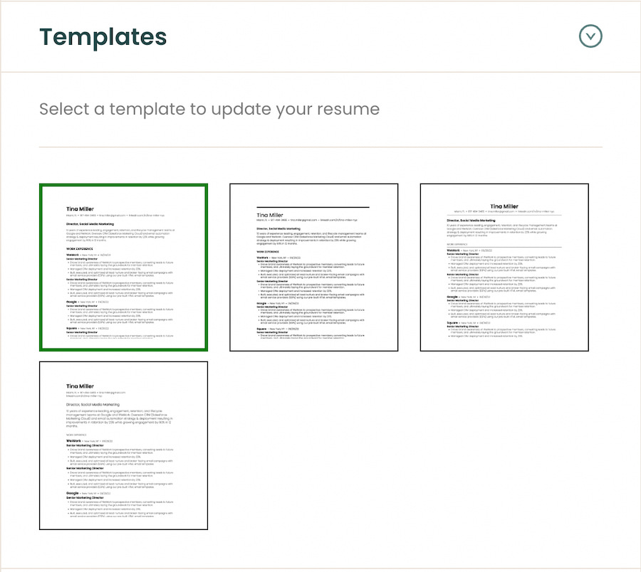 Choose from professional resume templates within Teal's AI Resume Builder. 