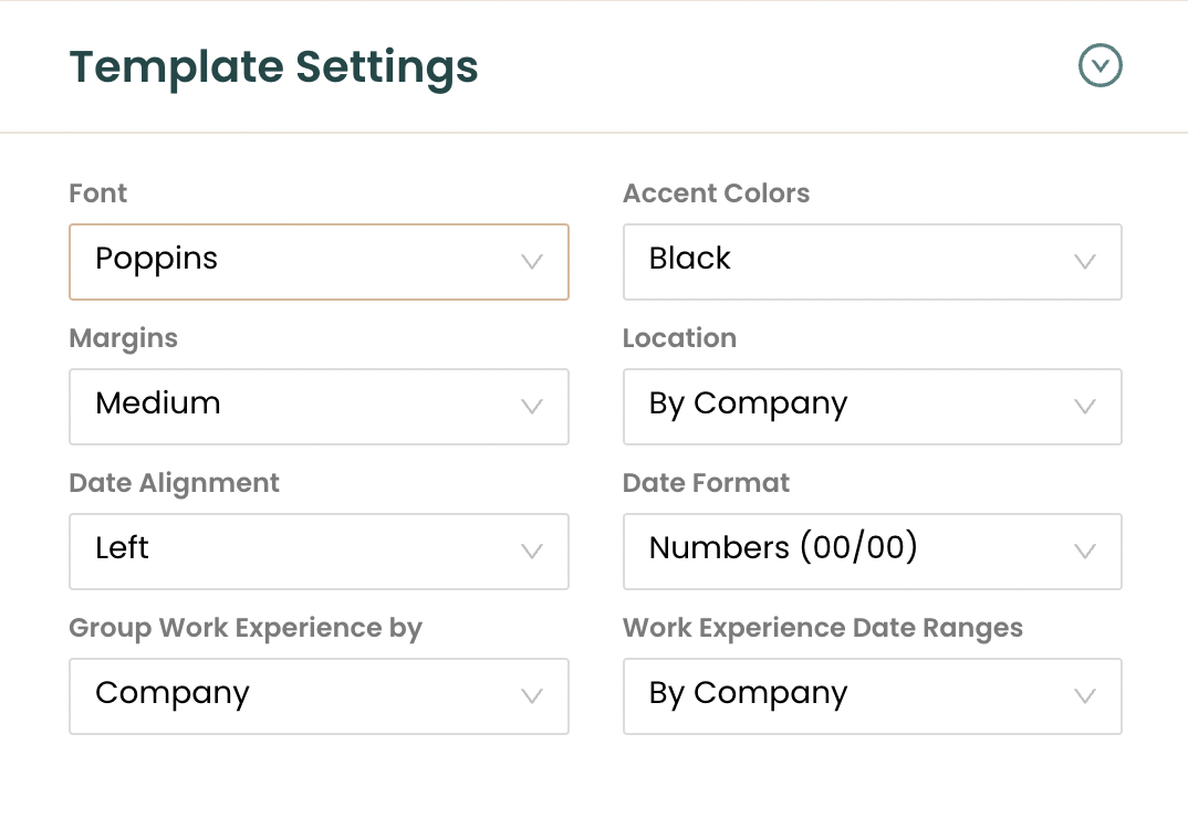 Customize your resume with the template settings in Teal's AI Resume Builder. 