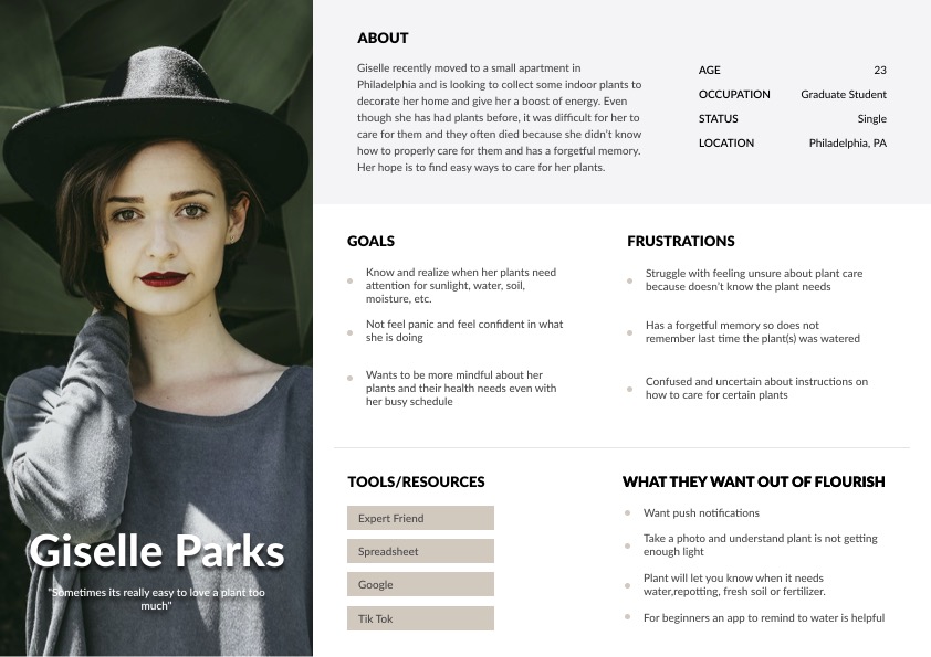 An aesthetically appealing user persona for Giselle Parks, our novice plant owner persona.
