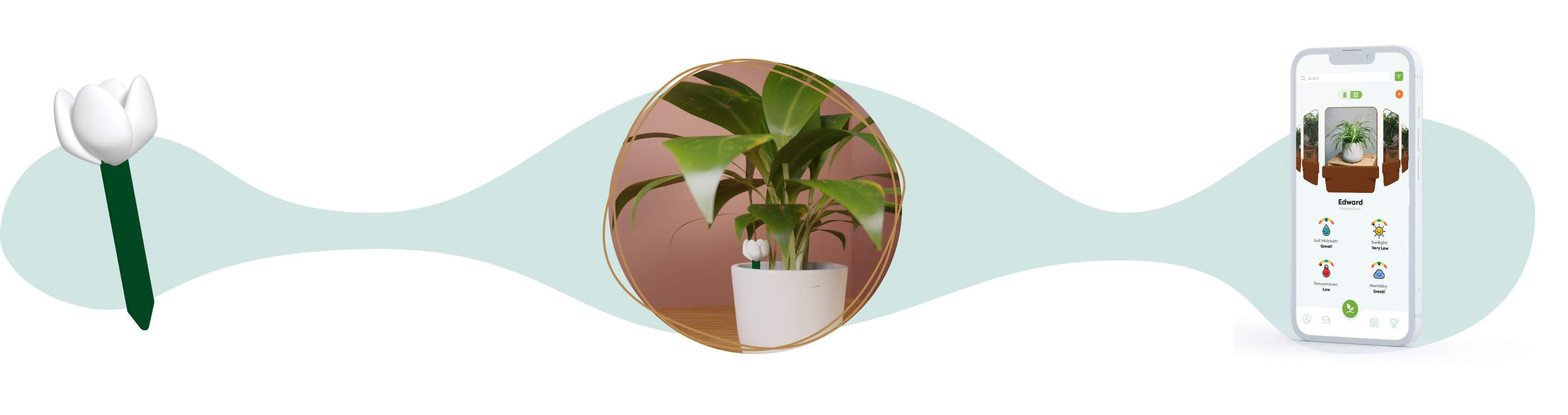 A decorative header image showcasing Flourish's sensor device, a sleek and compact device designed to monitor plant health, installed in the pot of a plant. The image also features an iPhone displaying Flourish's home screen, which provides a user-friendly interface with plant care recommendations and sensor data.