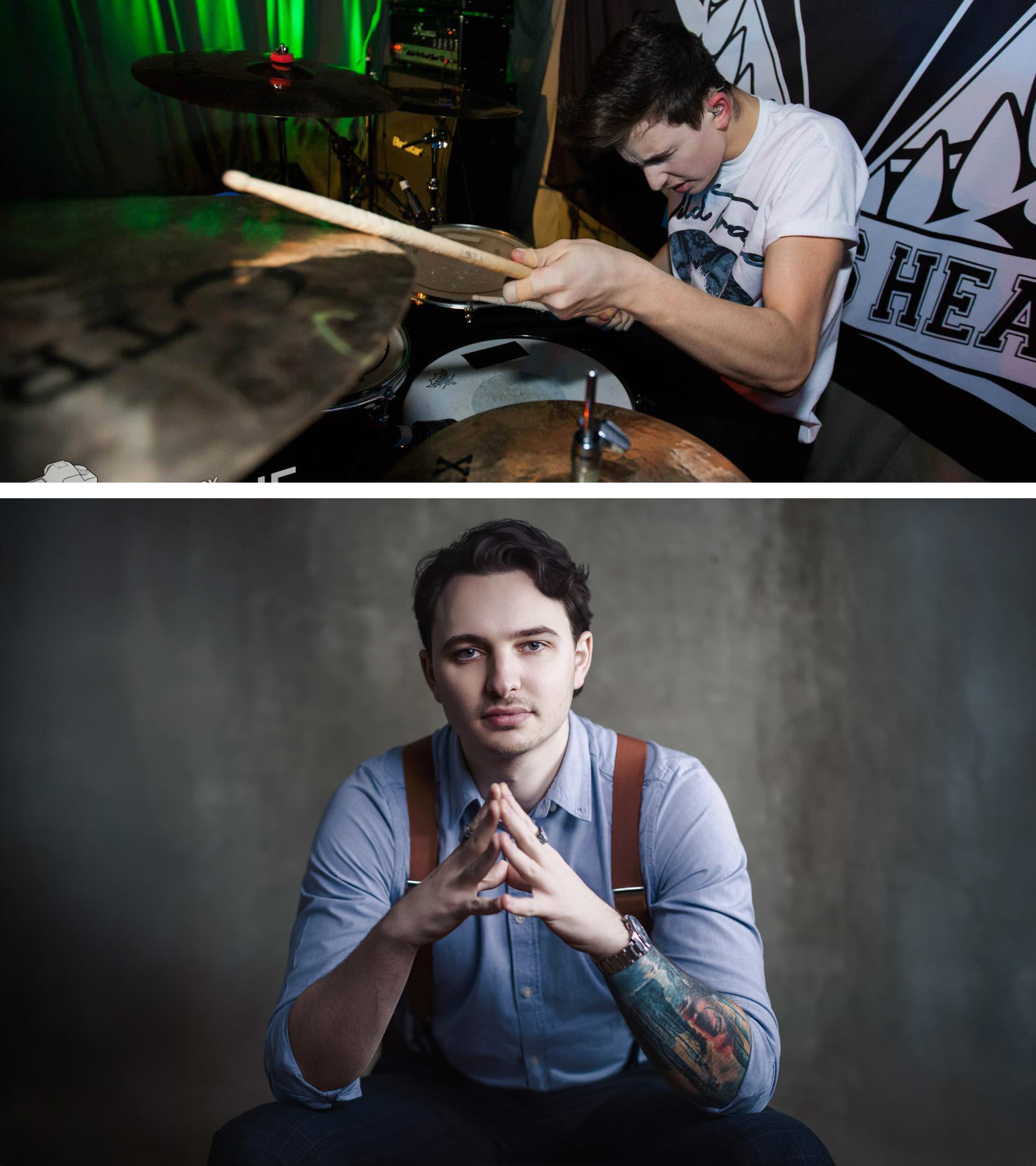 Kaine Levy playing the drums and then posing as an entrepreneur