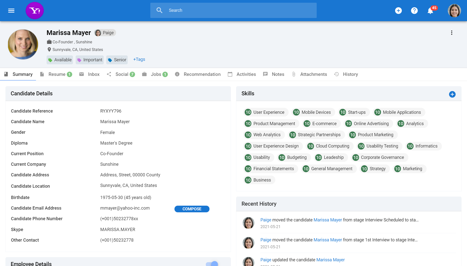Enriched candidate profiles ATS feature in action in Manatal