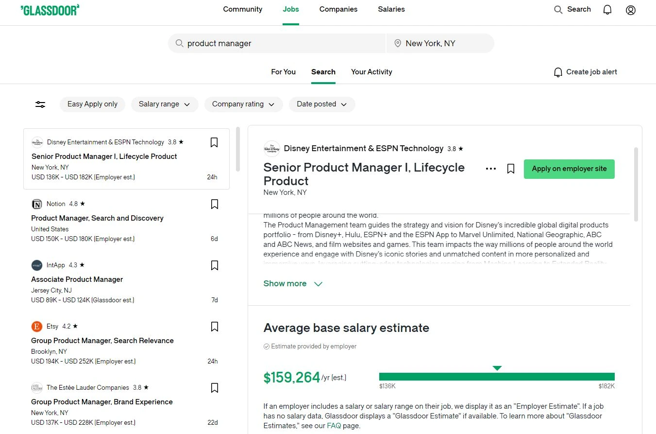 Glassdoor job portal showing various roles in a location with salary.