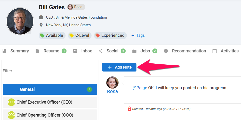Manatal's Collaboration & Notes feature