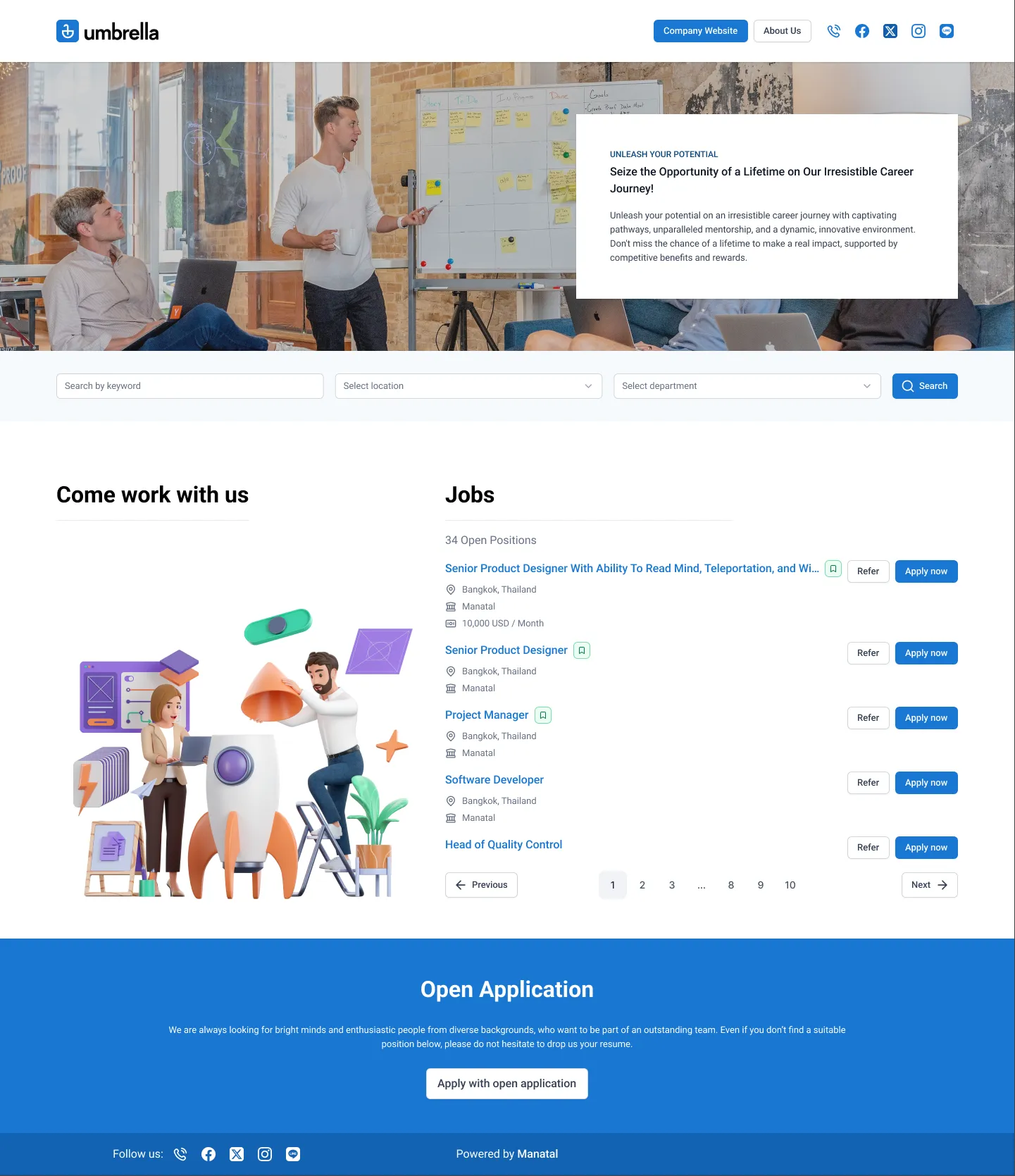 Company career page examples built using Manatal’s Branded Career Page Builder