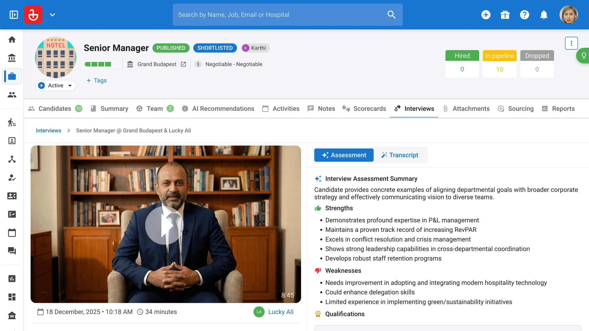 AI-generated assessment summaries and recordings with interview scheduling automation
