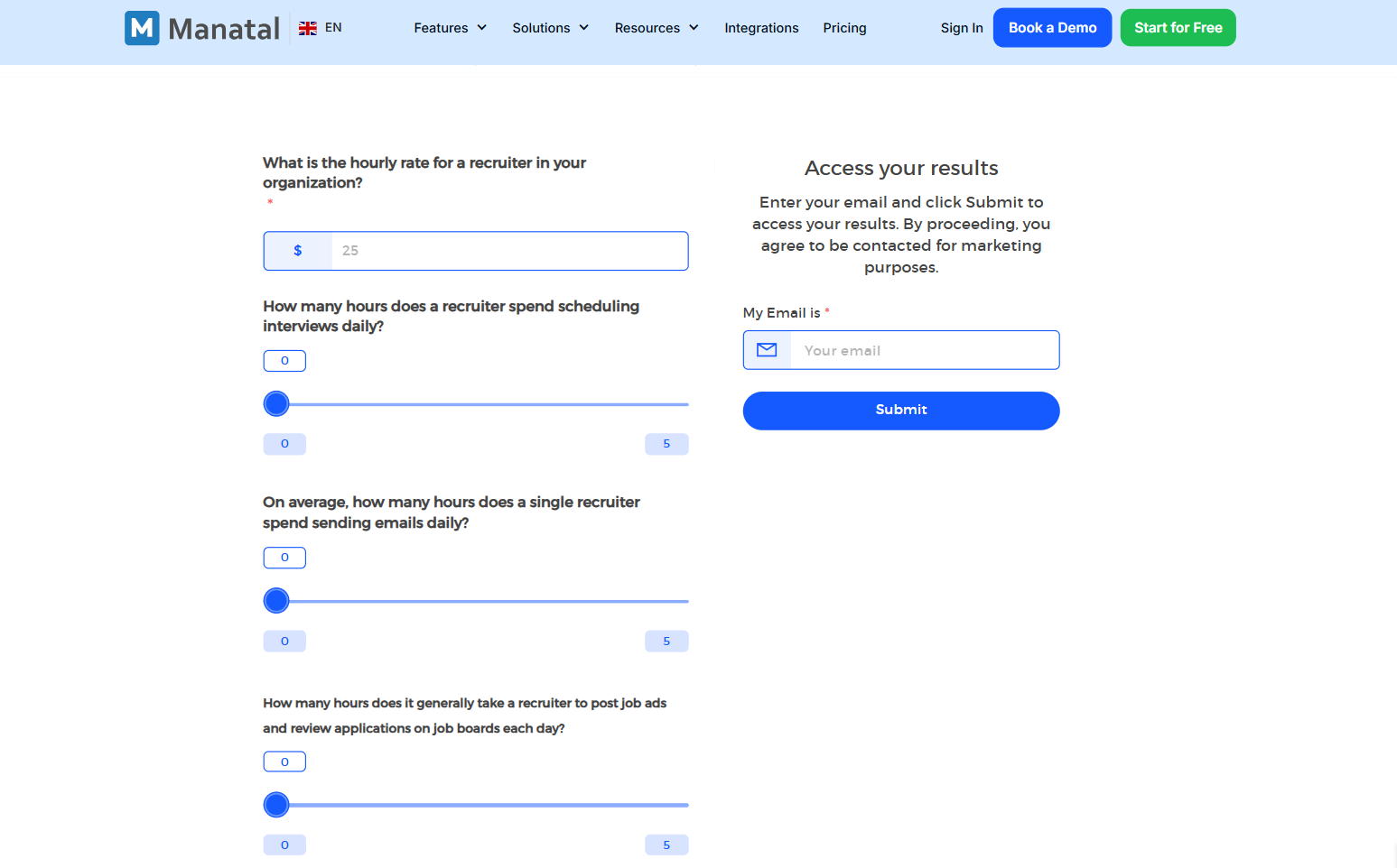 Manatal calculator for determining the ROI of recruitment software.