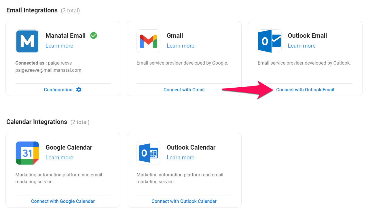 Manatal's email and calendar integration interface for enhanced ATS automation
