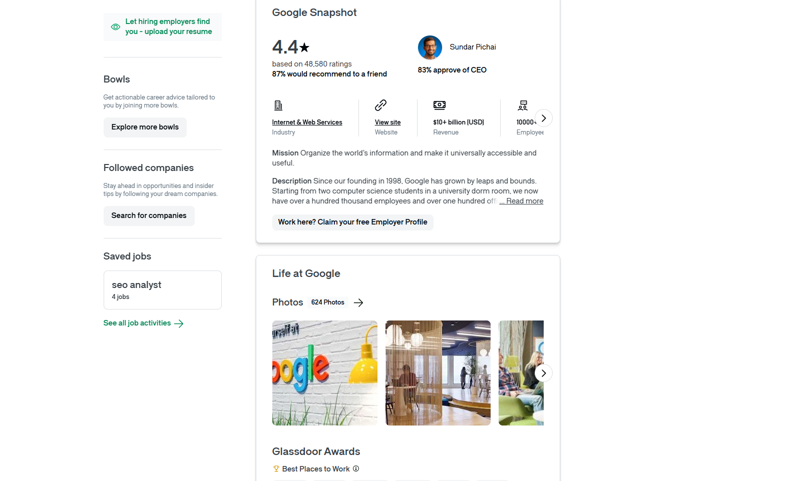 An example of a Glassdoor company page profile impacting employer branding