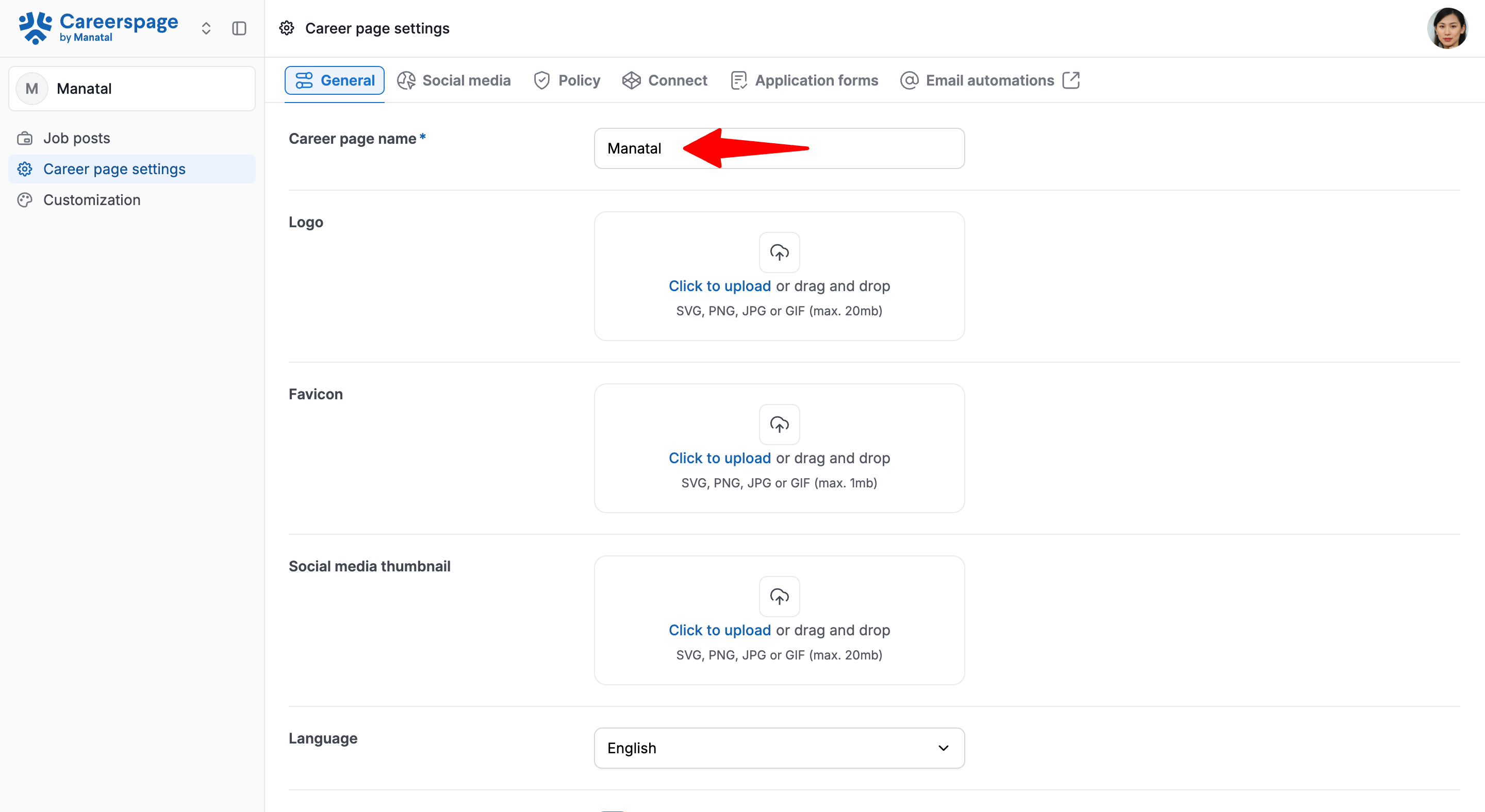 Manatal Career Page general setting