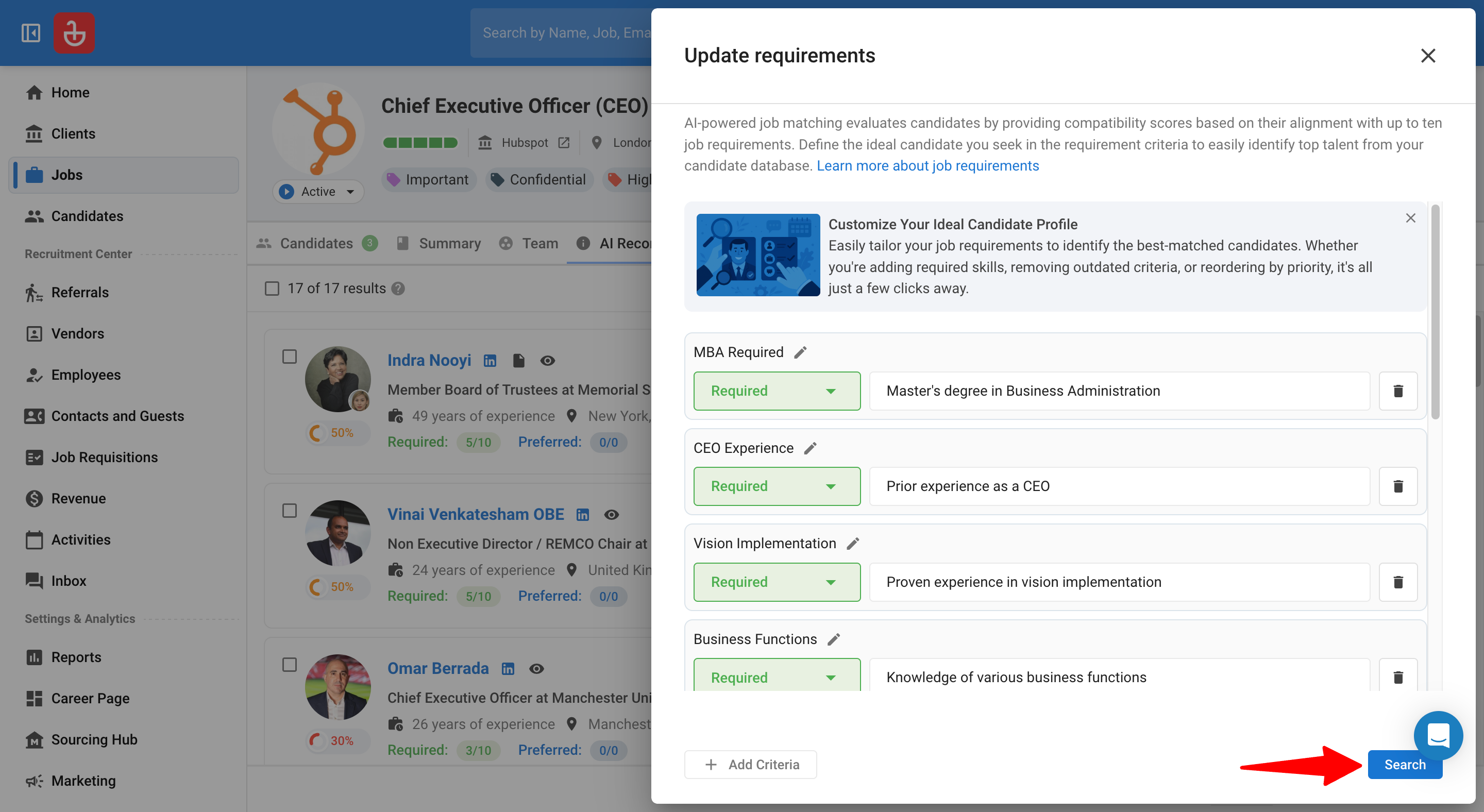 How to do it: Open the job and select the "AI Recommendations" tab. Click "Update requirements" to set required or preferred criteria (and optionally enable weights), then review candidate match percentages, click "See the AI match overview" for detailed candidate summaries, and select top candidates to "Add to Job" in bulk.