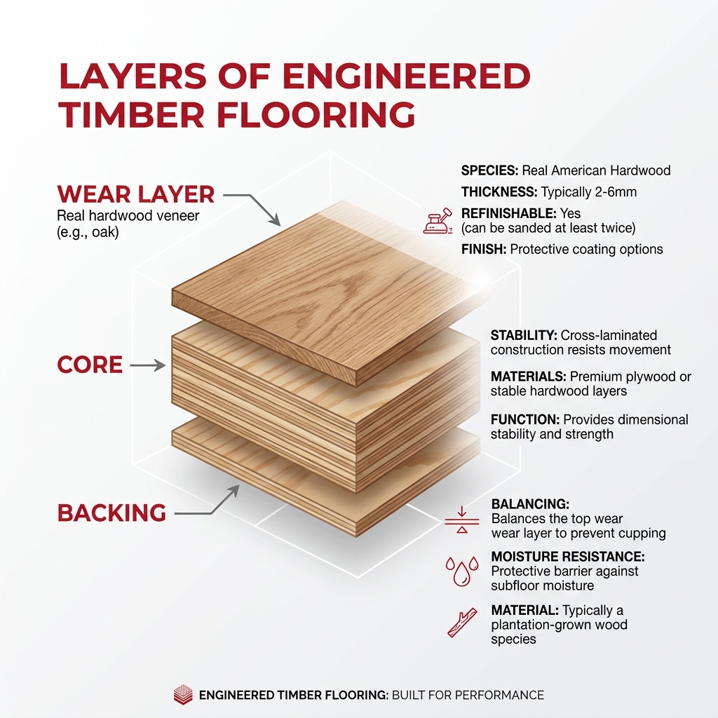infographic showing engineered timber flooring layers wear layer core backing with key specs - engineered timber flooring infographic showing engineered timber flooring layers wear layer core backing with key specs - engineered timber flooring