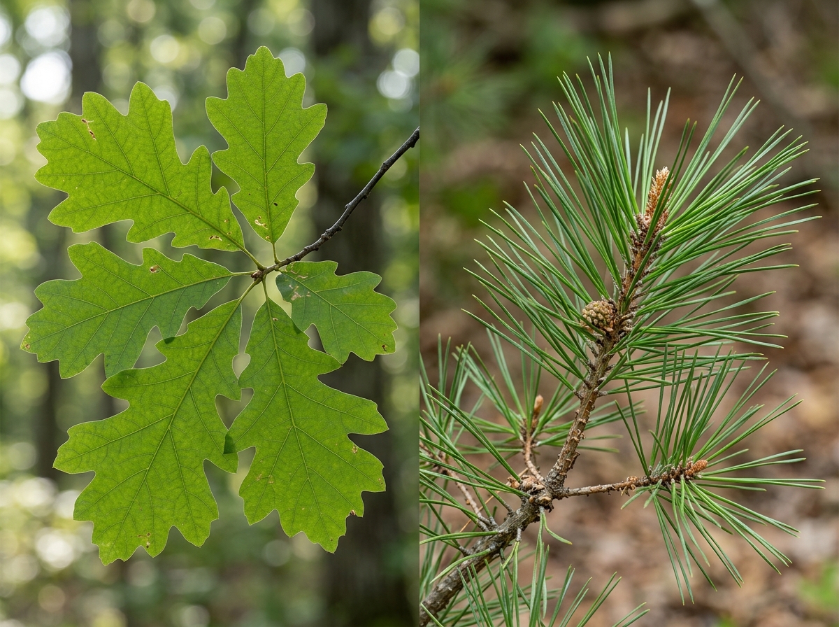 Comparison of broad deciduous leaves vs coniferous needles - hardwood vs softwood trees