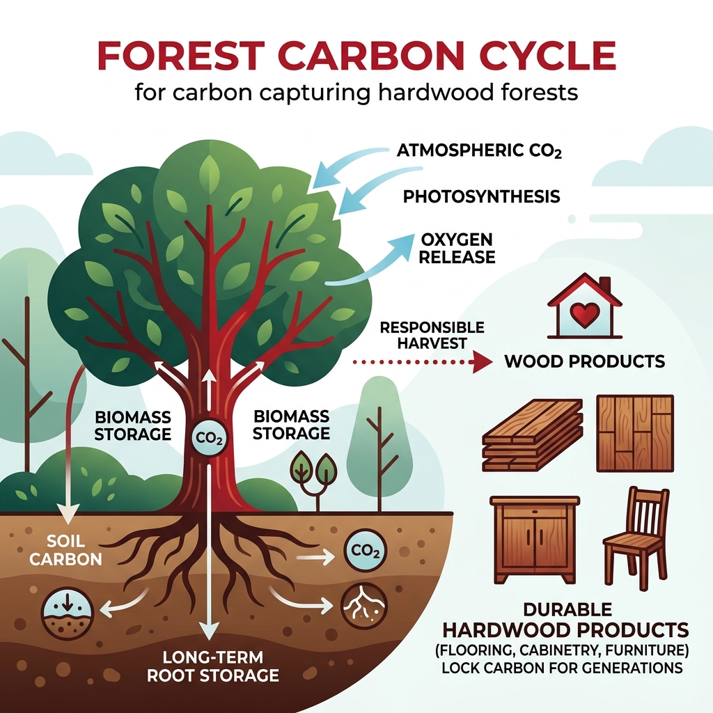 Forest carbon cycle showing photosynthesis, biomass storage, soil carbon, and wood products - carbon capturing hardwood